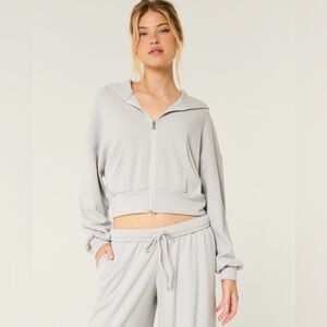 Hollister Gilly Hicks Cozy Waffle Zip-Up Hoodie Size S Light Gray Cropped